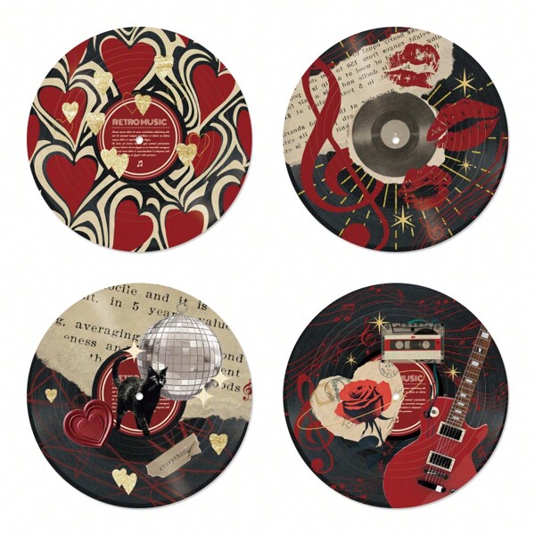 Putuo Decor 4pcs Vintage Music Records Actual Vinyl PVC Record With Red Heart Score With Lipprint Cat And Disco Ball Guitar Rose And Cassette Element, Wall Aesthetic Decor For Home Hippie Room Teen Room Dorm, Gift