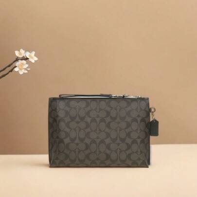 Men Large CARRY ALL POUCH Black Classic Print Clutch Bag Handbag F29508CQBK