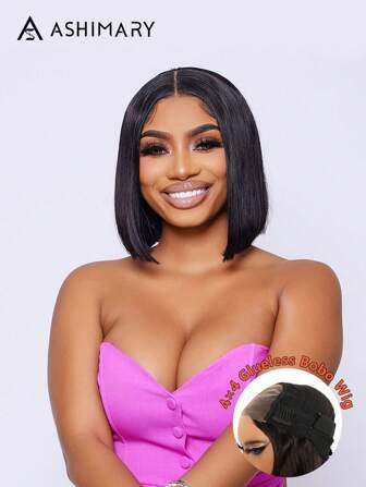 Ashimary Bob Wig 4*4 Straight Hair Glueless Bob Lace Wig Natural Black Color 100% Human Hair Pre-Cut Wig Bleached Knots And Pre-Plucked Short Hair For Women