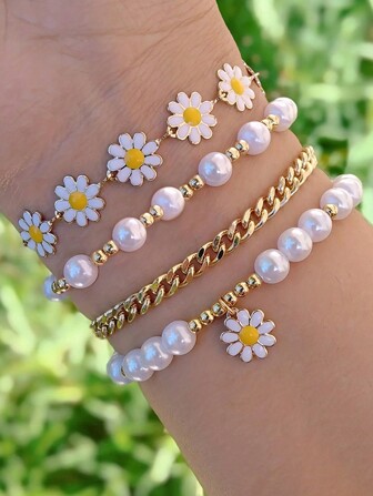4pcs/Set Cute Bohemian Style Beaded & Pearl Bracelet, Daisy Bracelet For Beach, Creative Diy Jewelry Making
