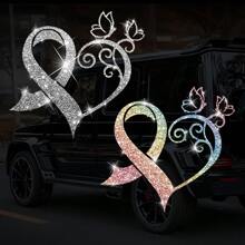 1pc Heart-Shaped Butterfly Glitter Vinyl Sticker, Self-Adhesive Shiny Car Door/Window/Bumper Sticker, Fashionable Motorcycle/Truck/Laptop/Luggage Decal, Disposable, Heart Pattern, Glitter Decor - one-size - View 1