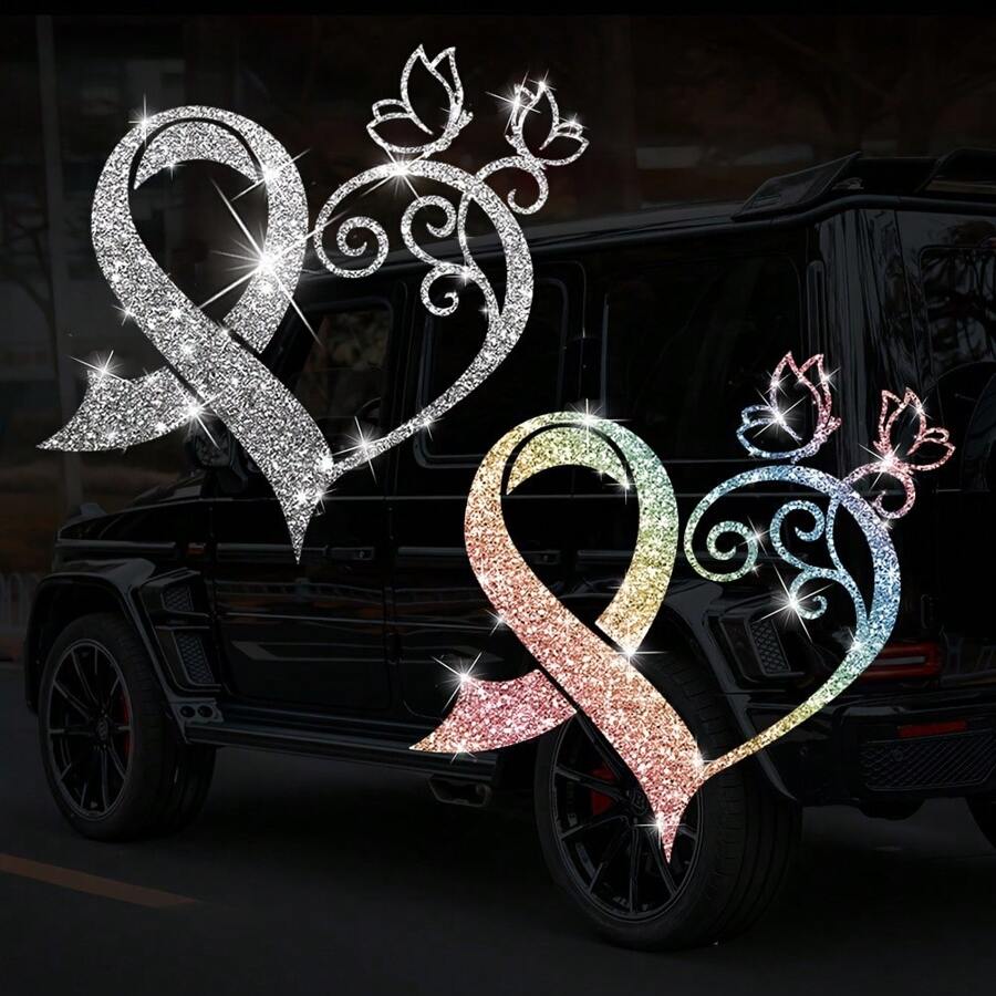 1pc Heart-Shaped Butterfly Glitter Vinyl Sticker, Self-Adhesive Shiny Car Door/Window/Bumper Sticker, Fashionable Motorcycle/Truck/Laptop/Luggage Decal, Disposable, Heart Pattern, Glitter Decor - one-size - View 1