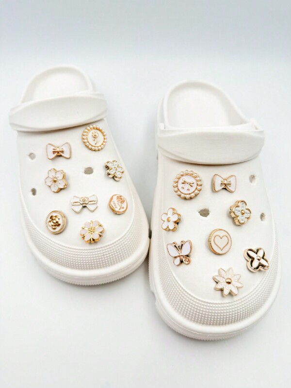 16pcs White Pearl Flower, Butterfly, Heart Shoe Decorations, Suitable For Shoe Accessories, Wristbands, Slippers, DIY