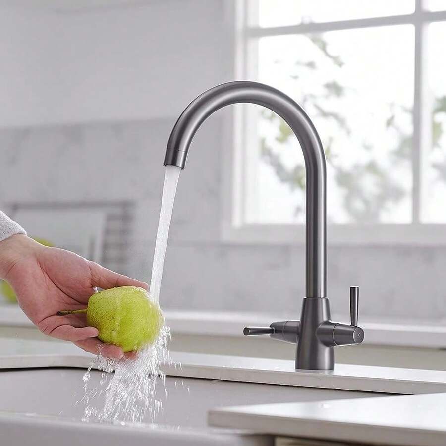 Kitchen Mixer Tap Dual Lever Swivel Spout Grey Sink Taps With UK