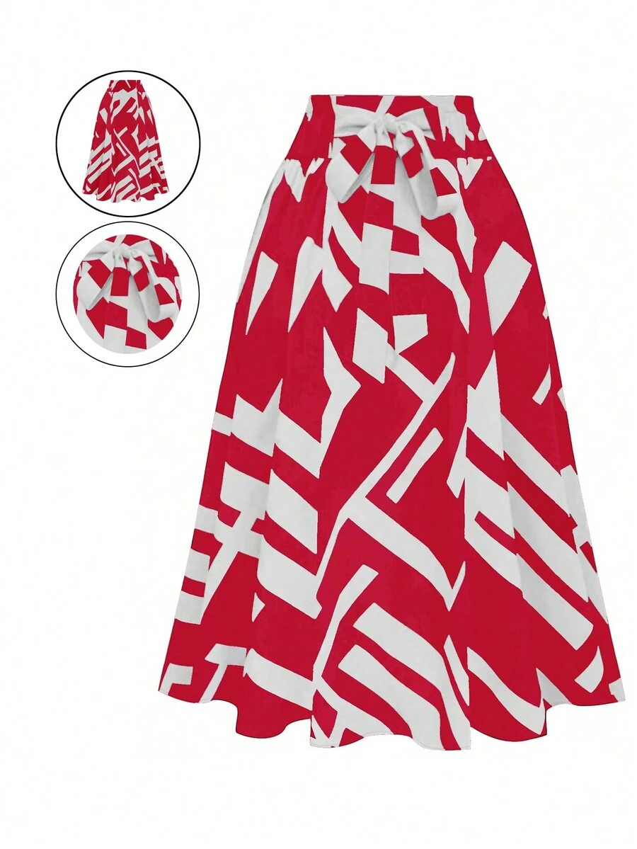 Falda acampanada de talle alto con lazo, estampado geométrico vintage en rojo y blanco, ajuste favorecedor, versátil para el trabajo, citas, uso diario, estilo milenario, adecuada para primavera, verano, playa, Día de San Valentín - Rojo - Ver 1