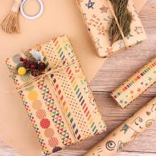6 Sheets Of Christmas Wrapping Paper+2 Rope+1 Tape+1 Sticker - Christmas Gift Box Birthday Party Decoration Wrapping Paper Roll - Musical Note Kraft Paper Valentine's Day Birthday Gift Wrapping Holiday Gift Wrapping Paper