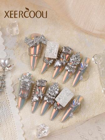 10pcs Press On Nails Press On Heavy Industry Aurora Gradient Silvery Full Diamond Pure Handmade Production Nails Long Nails Press On Nails Set Includes 1sheet Adhesive Tabs &1 Pc Mini File