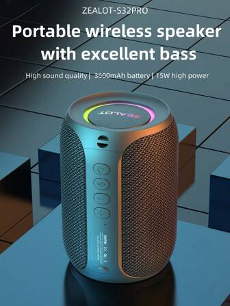  ZEALOT S32PRO 15W 无线扬声器 户外便携式蓝牙扬声器 带 RGB 彩灯 3600mAh 电池 高品质立体声 可游戏 8 小时 兼容 SD 卡/USB/AUX 连接 双配对功能 可连接到手机/平板电脑/电脑/电视 适用于户外/骑行/室内/桌面/海滩
