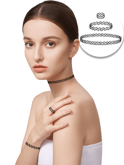 QYDCX Stretchy Lace Choker, Boho-Chic 3pcs Jewelry Set For Women, Ring & Bracelet In Black, Sexy Funky Goth Black Choker - Vintage-Inspired, Perfect For Casual Attire, Match With Daily Outfits, Party Accessories - Christmas Jewelry Women Gifts Gift Set
