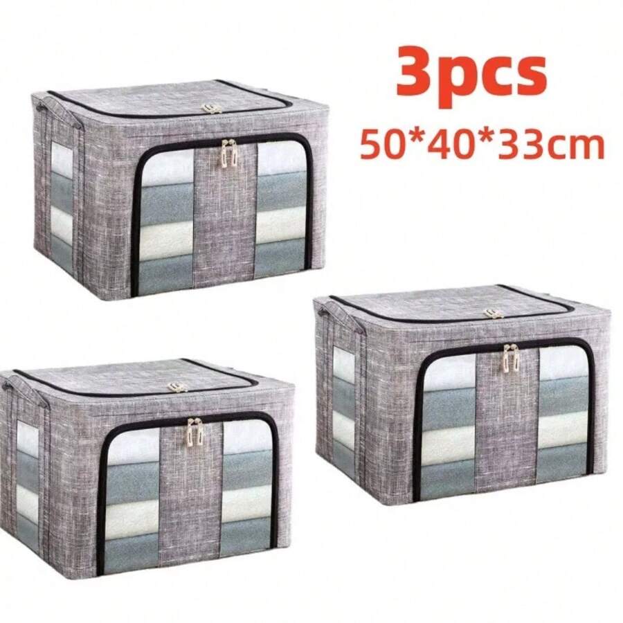 3PC 66L Clothes Storage Bags Zipped Organizer Underbed Wardrobe Cube Closet Box - Grey - View 1