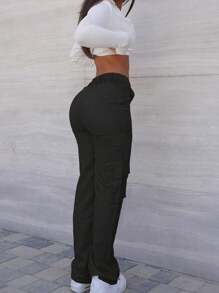 1 pieza Pantalones cargo de pierna recta sueltos informales para niñas preadolescentes con múltiples bolsillos, adecuados para ejercicio al aire libre, primavera/verano/otoño/invierno