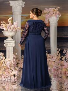 Faeriesty Mosy Women's Plus-Size Evening Gown With Elegant V-Neckline & Long Sleeves - Floral Embroidered A-Line Dress With Waist-Defining Sash