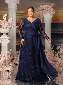 Faeriesty Mosy Women's Plus-Size Evening Gown With Elegant V-Neckline & Long Sleeves - Floral Embroidered A-Line Dress With Waist-Defining Sash