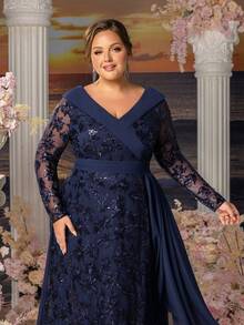 Faeriesty Mosy Women's Plus-Size Evening Gown With Elegant V-Neckline & Long Sleeves - Floral Embroidered A-Line Dress With Waist-Defining Sash