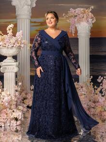 Faeriesty Mosy Women's Plus-Size Evening Gown With Elegant V-Neckline & Long Sleeves - Floral Embroidered A-Line Dress With Waist-Defining Sash