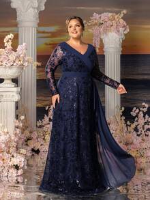 Faeriesty Mosy Women's Plus-Size Evening Gown With Elegant V-Neckline & Long Sleeves - Floral Embroidered A-Line Dress With Waist-Defining Sash