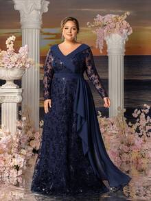 Faeriesty Mosy Women's Plus-Size Evening Gown With Elegant V-Neckline & Long Sleeves - Floral Embroidered A-Line Dress With Waist-Defining Sash