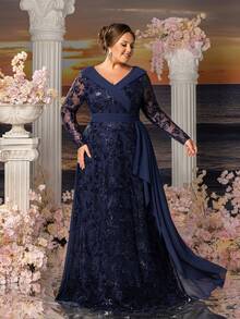 Faeriesty Mosy Women's Plus-Size Evening Gown With Elegant V-Neckline & Long Sleeves - Floral Embroidered A-Line Dress With Waist-Defining Sash