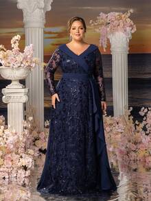 Faeriesty Mosy Women's Plus-Size Evening Gown With Elegant V-Neckline & Long Sleeves - Floral Embroidered A-Line Dress With Waist-Defining Sash