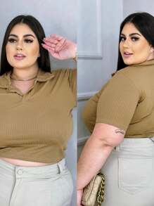 Plus Size Ribbed Polo Neck Crop Top - 米色 - 查看 2