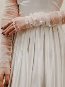 1 Cặp tay áo lưới mỏng dài dành cho cô dâu, thích hợp cho tiệc trang trọng, đám cưới, phụ kiện váy cưới để che cánh tay, trang phục mùa thu dành cho phụ nữ - Màu be - Xem 2