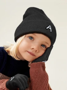 2 件/套儿童 26 个字母针织帽和手套套装，时尚无檐小便帽，柔软温暖的男孩和女孩冬季配饰，适合圣诞节、感恩节、生日、新年礼物 - 黑色 - 查看 2