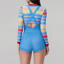 Women's Bib Shorts Set Colorful Striped Long Sleeve Front Hollow Slim Short Tops + Letter Bib Shorts - 藍色 - 查看 5