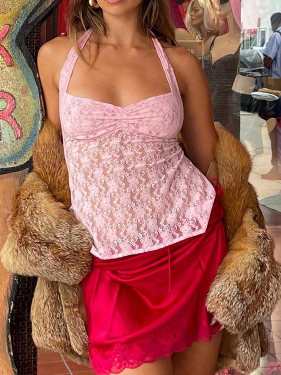 Women's Y2K Sexy Halter Tank Tops Slim Fit Lace See Through Backless Tie Up Sleeveless Vests Summer Going Out Crop Tops Streetwear Clubwear - 粉色 - 查看 1