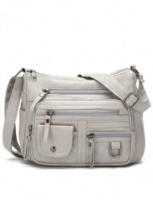 复古真皮单肩包，女士多口袋斜挎包，时尚大容量手提包，新款邮差包，托特包 - 灰色 - 查看 5