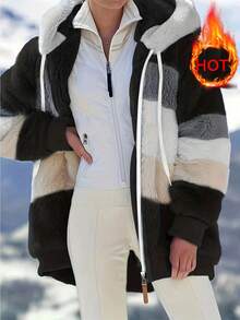 Plus Size Women Fluffy Fuzzy Hooded Loose Jacket, Multi-Color, Autumn/Winter - Black - View 1