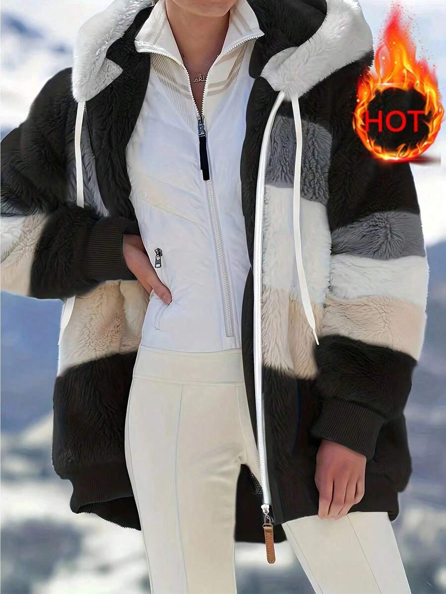 Plus Size Women Fluffy Fuzzy Hooded Loose Jacket, Multi-Color, Autumn/Winter - Black - View 1