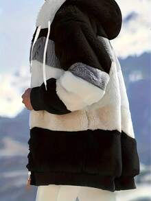 Plus Size Women Fluffy Fuzzy Hooded Loose Jacket, Multi-Color, Autumn/Winter - Black - View 5