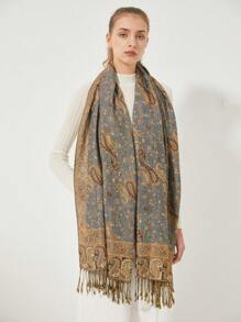 1pc Women's Paisley Floral Print Elegant Vintage Style Polyester Scarf, Versatile For Daily Use - Light Grey - View 2