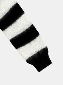 Off-Shoulder Sexy Striped Contrast Color Casual Loose Knit Pullover Top - Black and White - View 7