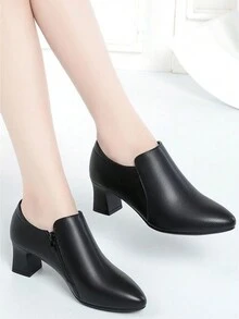 女士深 V 形开口平底便鞋，软底秋季工作鞋，中跟黑色系带皮革休闲牛津鞋 - 黑色 - 查看 5