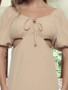 Women's Short Printed Dress In Cotton Crepe - Off-The-Shoulder With Slits And Bow On The Bust, Casual And Elegant - 米色 - 查看 3