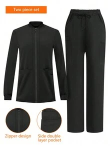 cimmuovere 2pcs Set Women Fashion Stand Collar Scrub Uniform Set - Black - View 1