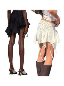Women Gothic Punk Irregular Skirts Solid Color Drawstring Tie-Up Ruched Ruffles Mini Skirt Summer Fashion Short Skirts - Beige - View 7