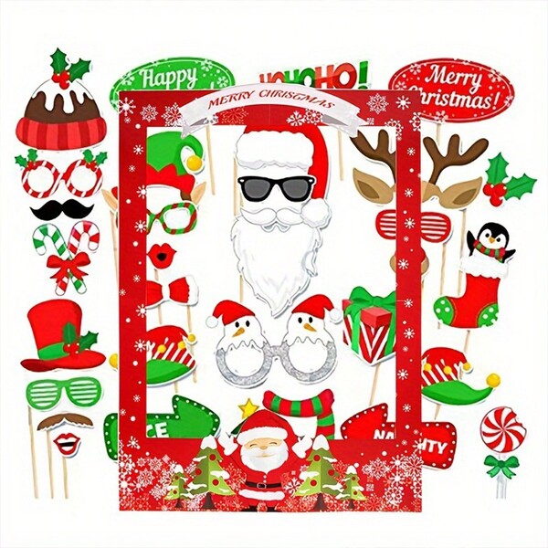 1pc Photo Frame+32pcs Handheld Photo Props Combination, Red Christmas Decoration, Funny Photo Frame Paper, Handheld Photo Props, Christmas Party Supplies Set