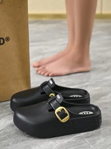 W 女士厚底镂空木屐经典沙滩鞋，户外穿搭扣带 EVA 拖鞋 - 黑色 - 查看 6