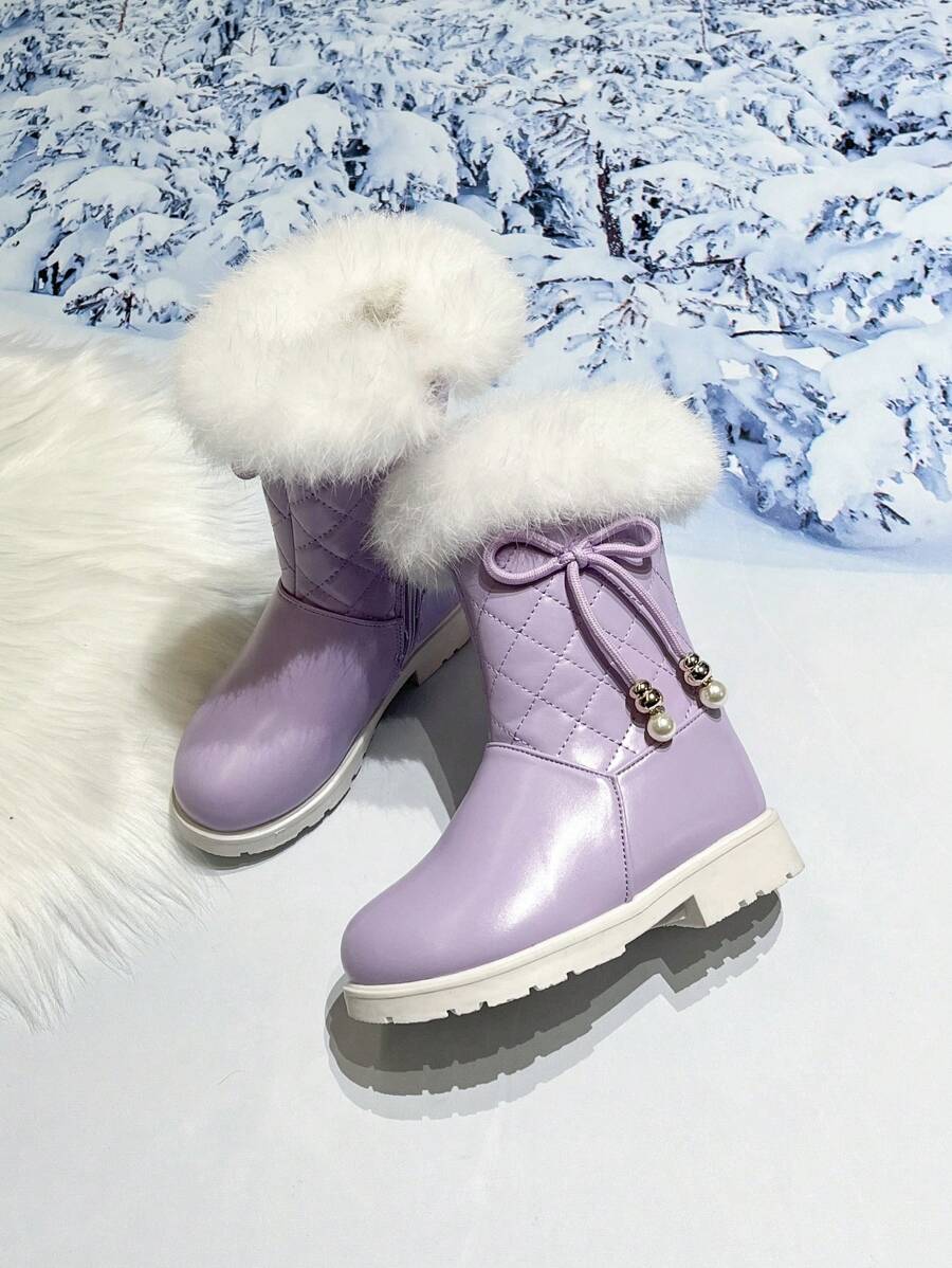 女童冬季雪地靴,新款简约蝴蝶结高帮幼儿和小女孩靴子,公主户外雪地靴,加厚保暖,防寒 - 紫色 - 查看 1