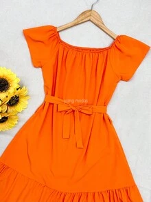 yiang moda feminina vestido ciganinha de crepinho - Laranja - Visão 2