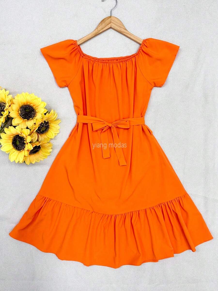 yiang moda feminina vestido ciganinha de crepinho - Laranja - Visão 1