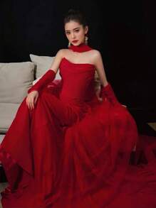 1 chiếc khăn choàng dài màu đỏ thanh lịch dành cho nữ, Phụ kiện chụp ảnh/du lịch/chụp ảnh cưới, mạng che mặt Halloween, trang phục dự tiệc/giáng sinh/dạ hội hóa trang mùa thu dành cho nữ - Đỏ - Xem 5