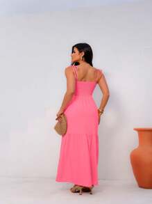 Women's Long Dress With Side Slit, Crossed Neckline And Thin Straps, Viscolinho - Hồng - Xem 5