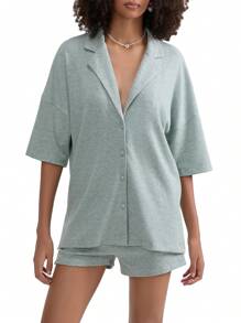 Women's Lounge Set, Striped Lapel V Neck Short Sleeve Tops Elastic Waist Shorts 2 Piece Pajama Set For Summer - Green - View 1