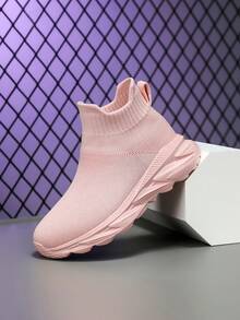 女士一脚蹬休闲运动鞋，纯色，透气，轻便，防滑，适合日常户外使用的亲子休闲运动鞋 - 粉色 - 查看 3