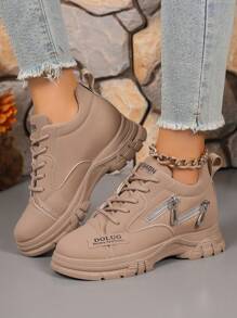 1 Pair Women's Brown Leather Platform Sports Shoes, Front Lace-Up Casual Sneakers With Zipper Decorations, Fashionable Streetwear - Brown - View 3