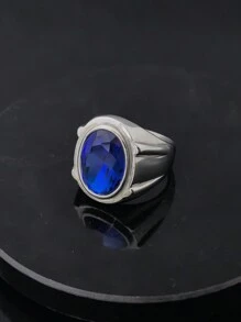 Anillo de alta calidad enchapado en oro de 18 quilates de acero inoxidable 316 con cristal azul de zafiro sintético, para hombres y mujeres