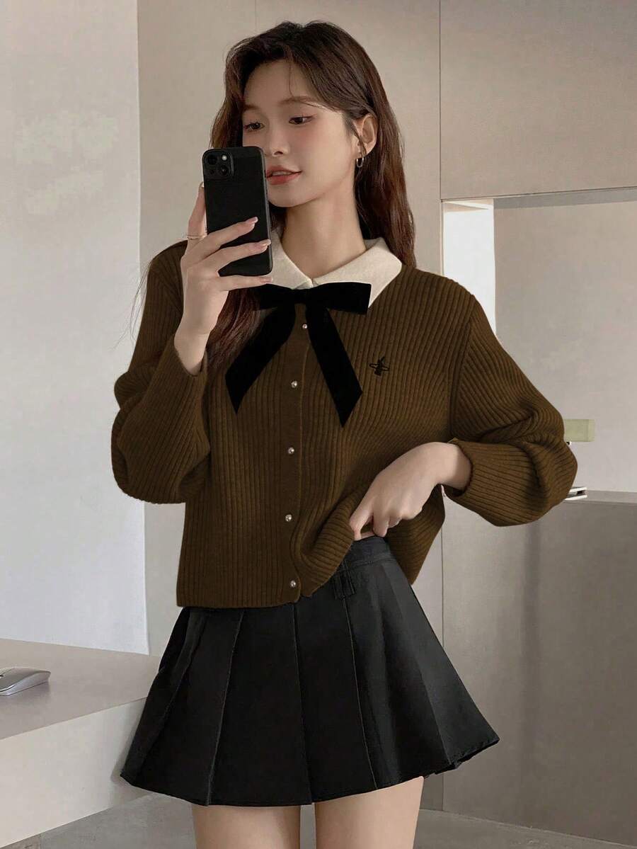 Fall/Winter College Style Color Contrast Bow Lapel Long Sleeve Embroidered Women's SweaterTops Cardigan Cardigan - Brown - View 1
